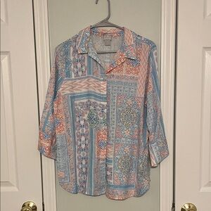 Chico's Blue and Pink Patterned Button Down Shirt